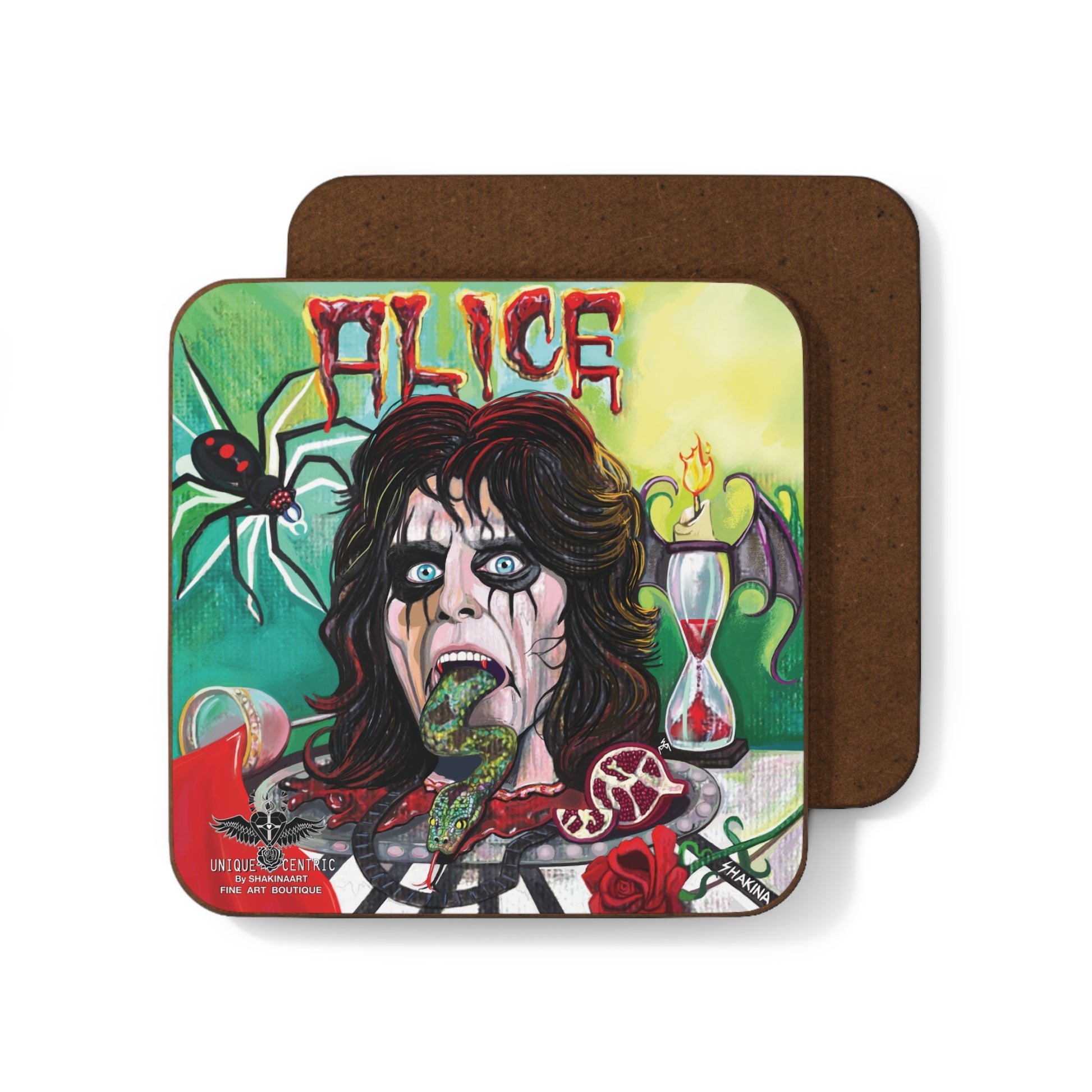 shakinaart fine art hand painted Alice Cooper shock rock n roll hollywood vampires johnny depp glen sobel tommy henriksen buck johnson joe perry coasters: a set of four drink coasters featuring a colorful illustration of Alice Cooper, python snake, rose, wine, pomegranate black widow hourglass eternal flame tim burton . Perfect for music lovers parties and gatherings.Perfect for protecting surfaces from drink spills.