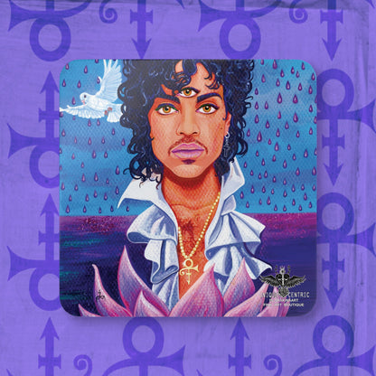 shakinaart painting of Prince Rogers Nelson fine art drink coasters A light silhouette of a regal figure with a crown, representing the Prince of Musical Genius  with an aura of power and authority. when doves cry and purple rain drops over a glitter ocean and lotus blossom flower third eye activate, the artist formerly known as Prince. Rhonda Smith Bass REVOLUTION Party Up Perfect for protecting surfaces from drink spills.