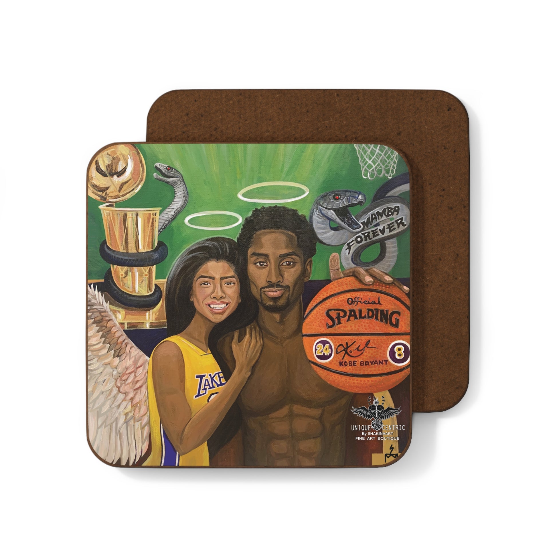 KOBE Bean BRYANT AND GIGI Onore BRYANT Basketball Lakers Legend player and DAUGHTER in painting. fine art designer Drink Coasters SHAKINAART Artwork of COUPLE MAMBA FOREVER one holding SPALDING basketball. LAKERS 8 24 CHAMPIONSHIP BLACK MAMBA  Angels halo Perfect for protecting surfaces from drink spills.