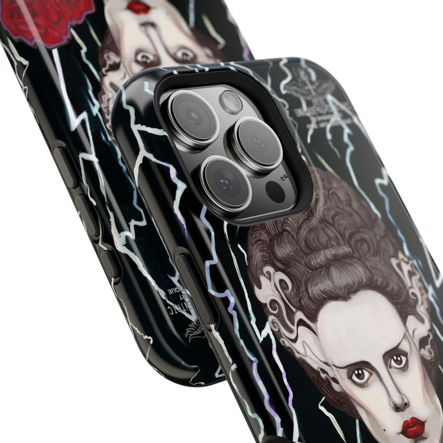 BRIDE OF FRANKENSTEIN IPHONE 16 CASE CORPSE BRIDE HALLOWEEN PHONE COVER THUNDER ROSES SKULL UNIQUE CENTRIC SHAKINAART DESIGNER PHONE CASE