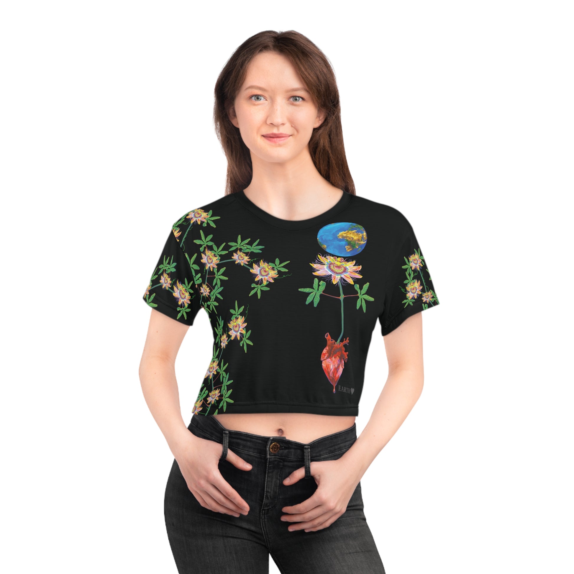 UNIQUE CENTRIC  by SHAKINAART vibrant FINE ART QUEEN CROPPED  t-shirt with an abstract RAINBOW BACKGROUND WITH heart and earth painting. ALL LIVES MATTER 