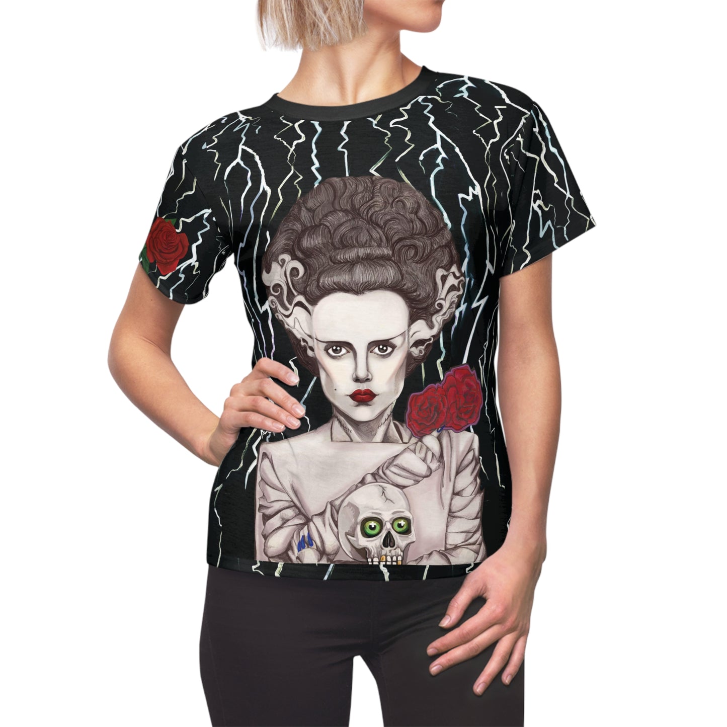 UNIQUE CENTRIC rebel bride stunning FINE ART t-shirt CREATED BY SHAKINAART.  Make a statement WITH FINE ART FASHION, WEAR THIS edgy AND ELEGANT bride OF FRANKENSTEIN ELSA LANCHESTER T shirt with skull and roses. Perfect for those who dare to defy tradition. Shop now!