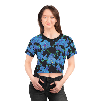 UNIQUE CENTRIC BLUE ORCHID FINE ART CROPPED QUEEN TEE