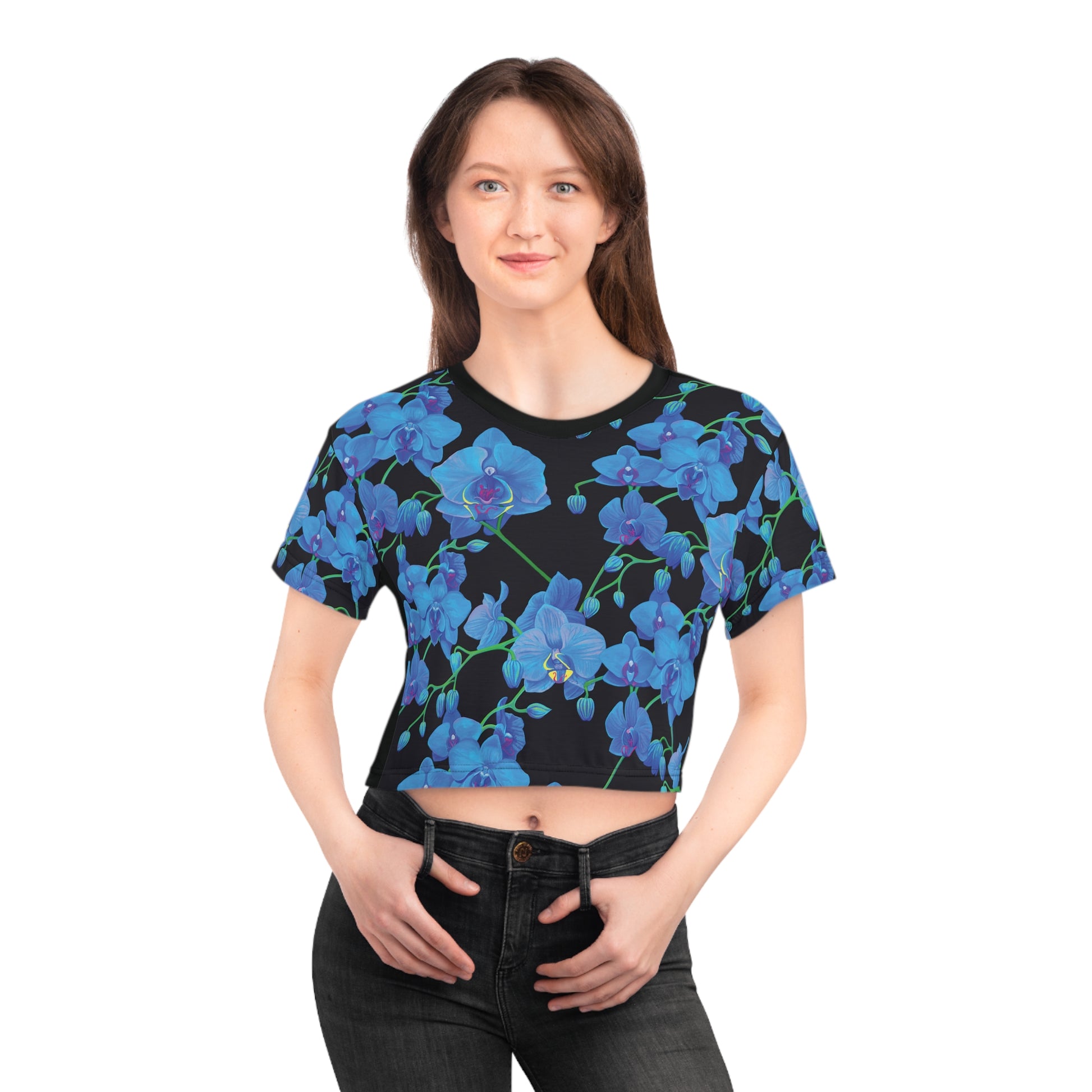 elevate your style and stand out from the crowd with unique centric fine art  boutique stunning blue orchid velvet shakinaart cropped queen t-shirt against a sleek black background. Perfect for a trendy and sophisticated look.