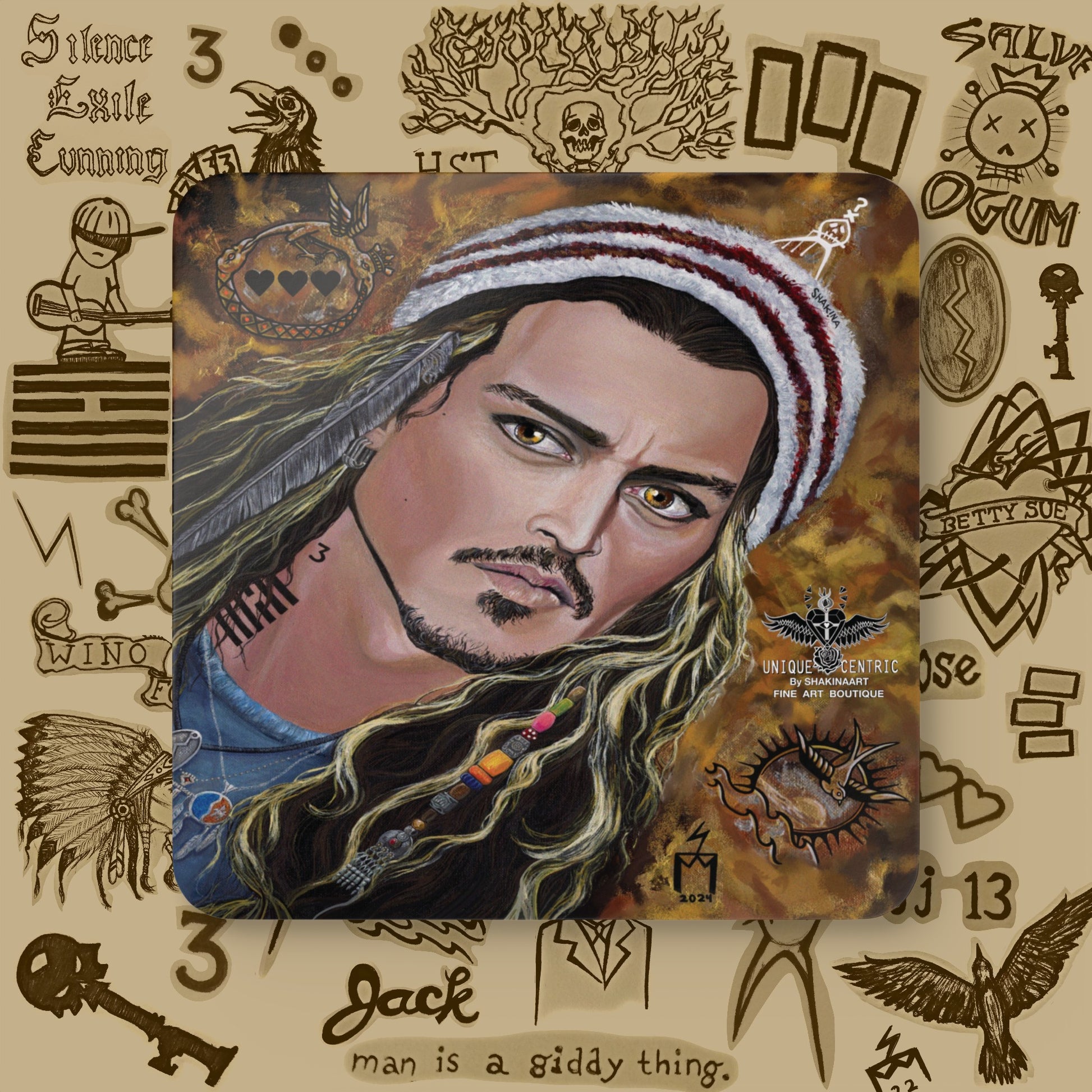 Johnny Depp DIOR BEAUTY SAUVAGEfine art drink coaster : four coasters featuring a close-up image of Johnny Depp, HOLLYWOOD VAMPIRES  and LONE RANGER captain jack sparrow pirates of the caribbean beads i ching ouroboros brave CHEROKEE comanche native american tonto nation marlon brando heart tattoos hunter s thompson gonzo perfect for fans of the actor artist humanitarian musician Perfect for protecting surfaces from drink spills.  shakinaart jeff beck JEANNE DU BARRY MAIWENN MODI MODIGLIANI AL PACINO