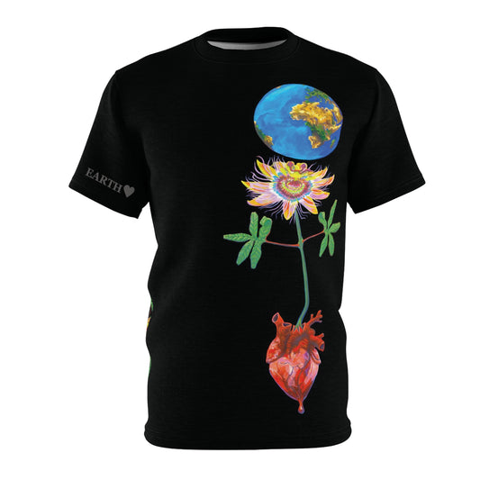 UNIQUE CENTRIC FINE ART COUTURE EARTH DAY EARTH HEART  by SHAKINAART vibrant KING t-shirt with an abstract RAINBOW GALAXY  BACKGROUND WITH heart, PASSION FLOWER AND earth painting. ALL LIVES MATTER 