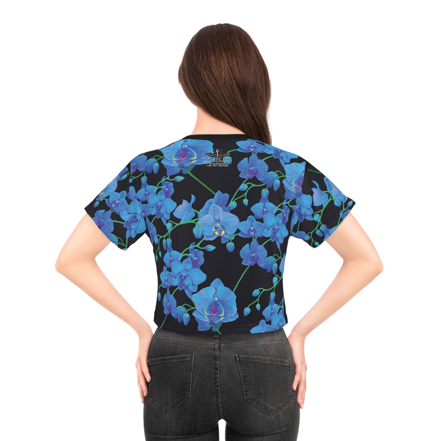 elevate your style and stand out from the crowd with unique centric fine art  boutique stunning blue orchid velvet shakinaart cropped queen t-shirt against a sleek black background. Perfect for a trendy and sophisticated look.