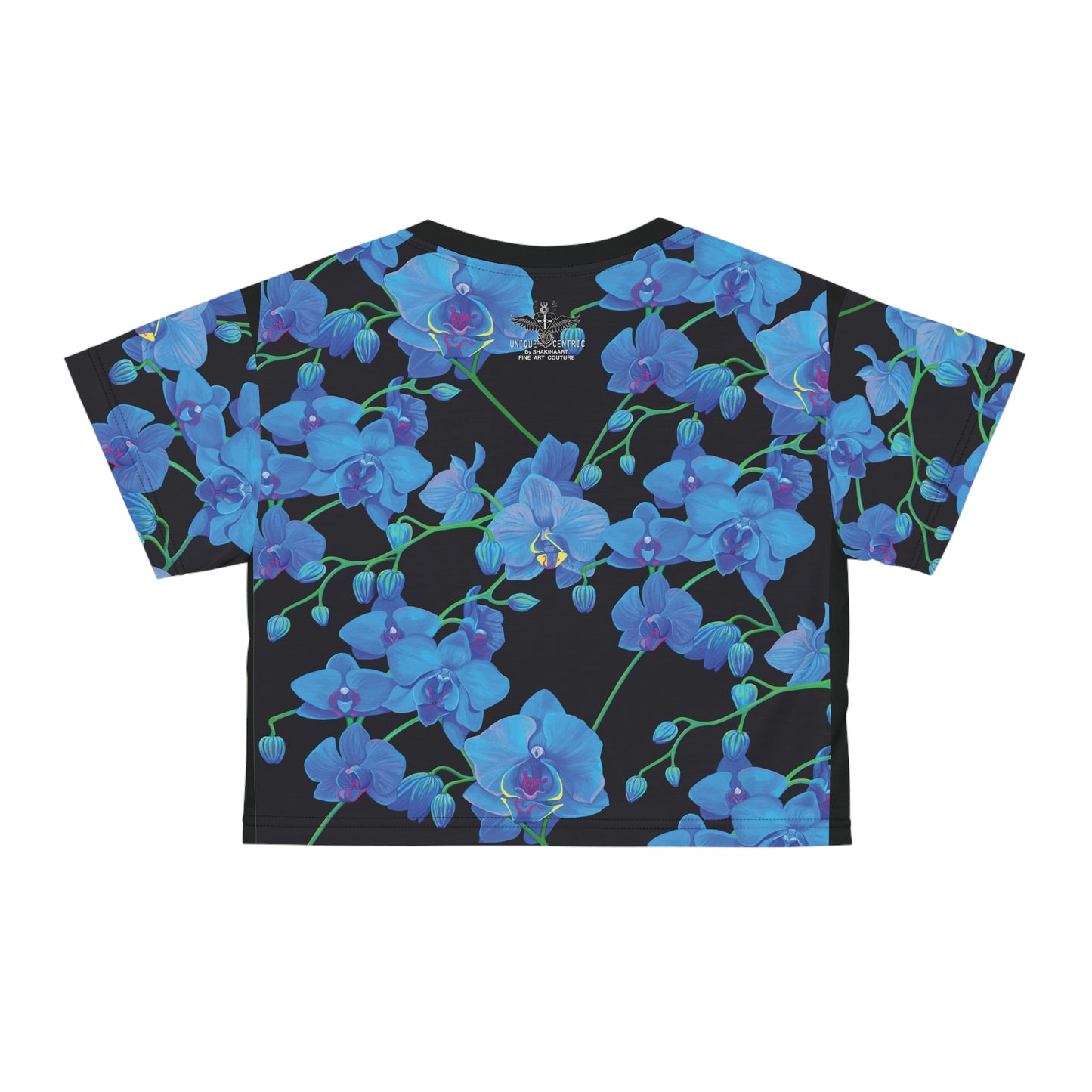 elevate your style and stand out from the crowd with unique centric fine art  boutique stunning blue orchid velvet shakinaart cropped queen t-shirt against a sleek black background. Perfect for a trendy and sophisticated look.