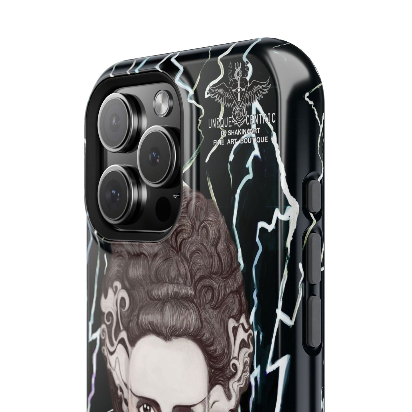 BRIDE OF FRANKENSTEIN IPHONE 16 CASE CORPSE BRIDE HALLOWEEN PHONE COVER THUNDER ROSES SKULL UNIQUE CENTRIC SHAKINAART DESIGNER PHONE CASE