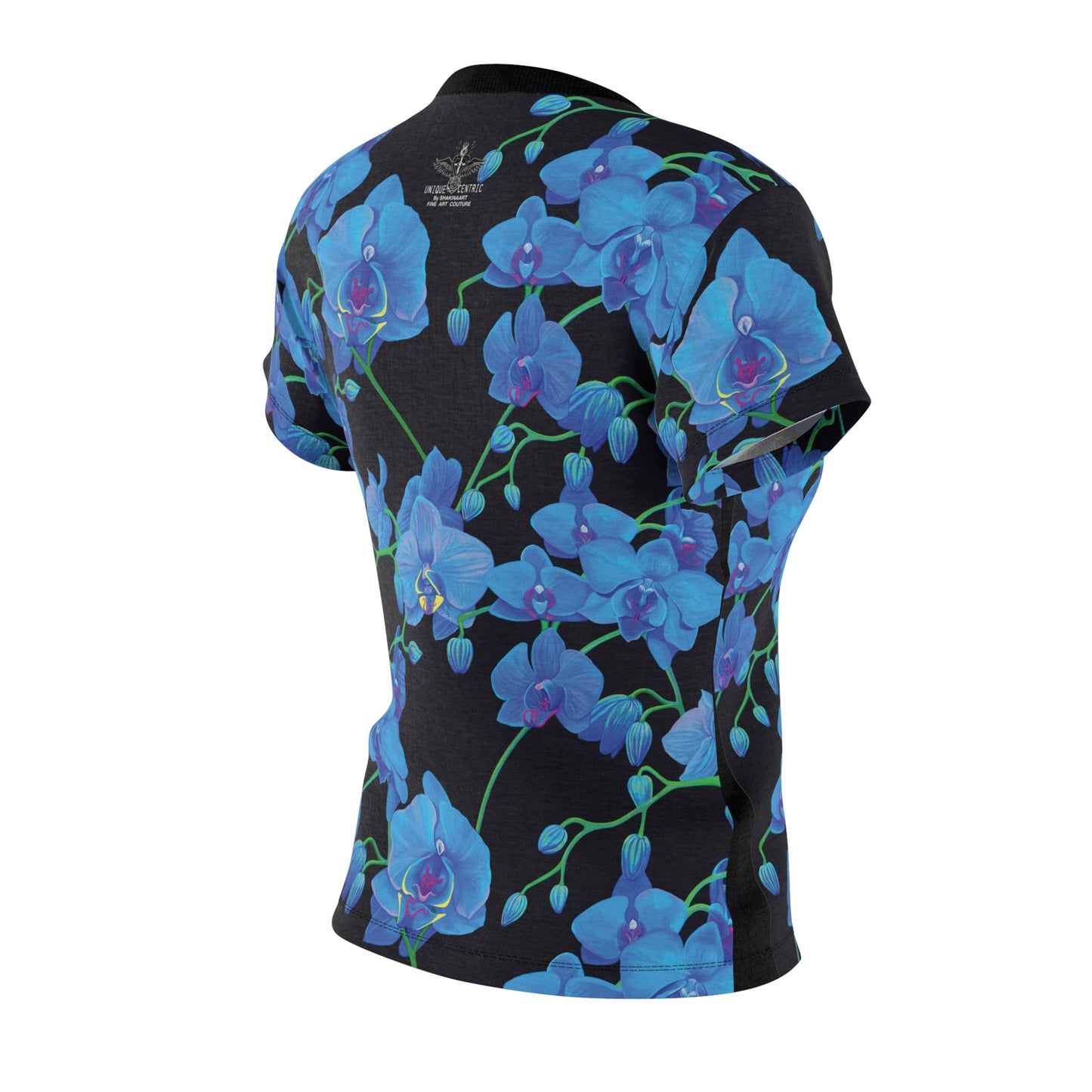 elevate your style and stand out from the crowd with unique centric fine art  boutique stunning blue orchid velvet shakinaart queen t-shirt against a sleek black background. Perfect for a trendy and sophisticated look.