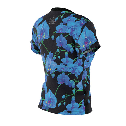 elevate your style and stand out from the crowd with unique centric fine art  boutique stunning blue orchid velvet shakinaart queen t-shirt against a sleek black background. Perfect for a trendy and sophisticated look.