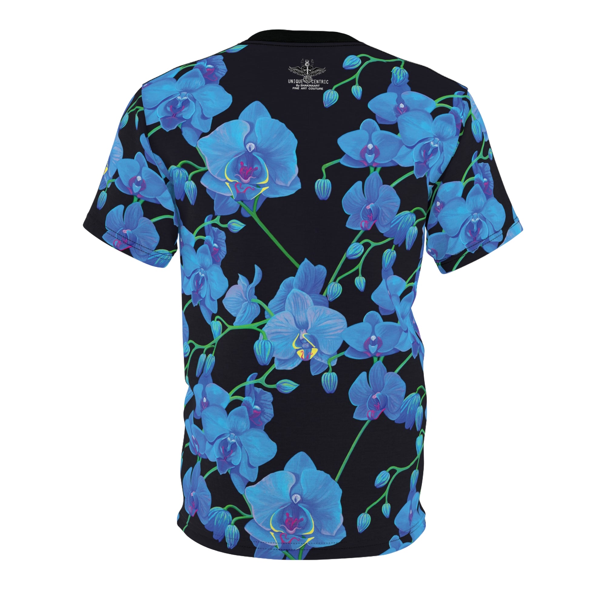 elevate your style and stand out from the crowd with unique centric fine art  boutique stunning blue orchid velvet shakinaart king t-shirt against a sleek black background. Perfect for a trendy and sophisticated look.