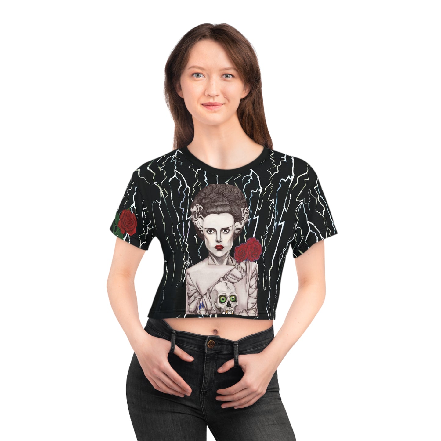 UNIQUE CENTRIC rebel bride stunning FINE ART t-shirt CREATED BY SHAKINAART.  Make a statement WITH FINE ART FASHION, WEAR THIS edgy AND ELEGANT bride OF FRANKENSTEIN ELSA LANCHESTER T shirt with skull and roses. Perfect for those who dare to defy tradition. Shop now!