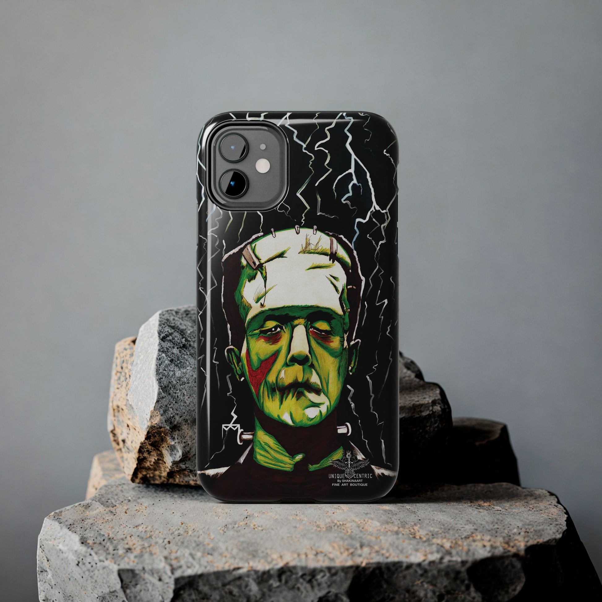 Frankenstein painting with lightning from head. Classic Frankenstein art with electrifying twist. Iconic monster depicted with electrifying energy. FRANKENSTEIN HALLOWEEN ART IPHONE COVER PROTECTIVE CASE.  