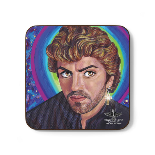 george michael 1987 putland shakinaart fine art drink coasters of painted portrait of George Michael Wham! Father Figure Jesus to a Child freedom faith COASTERS with cross earring open chest rainbow halo fantastic amazing flawless Religious painting of man with cross Perfect for protecting surfaces from drink spills.