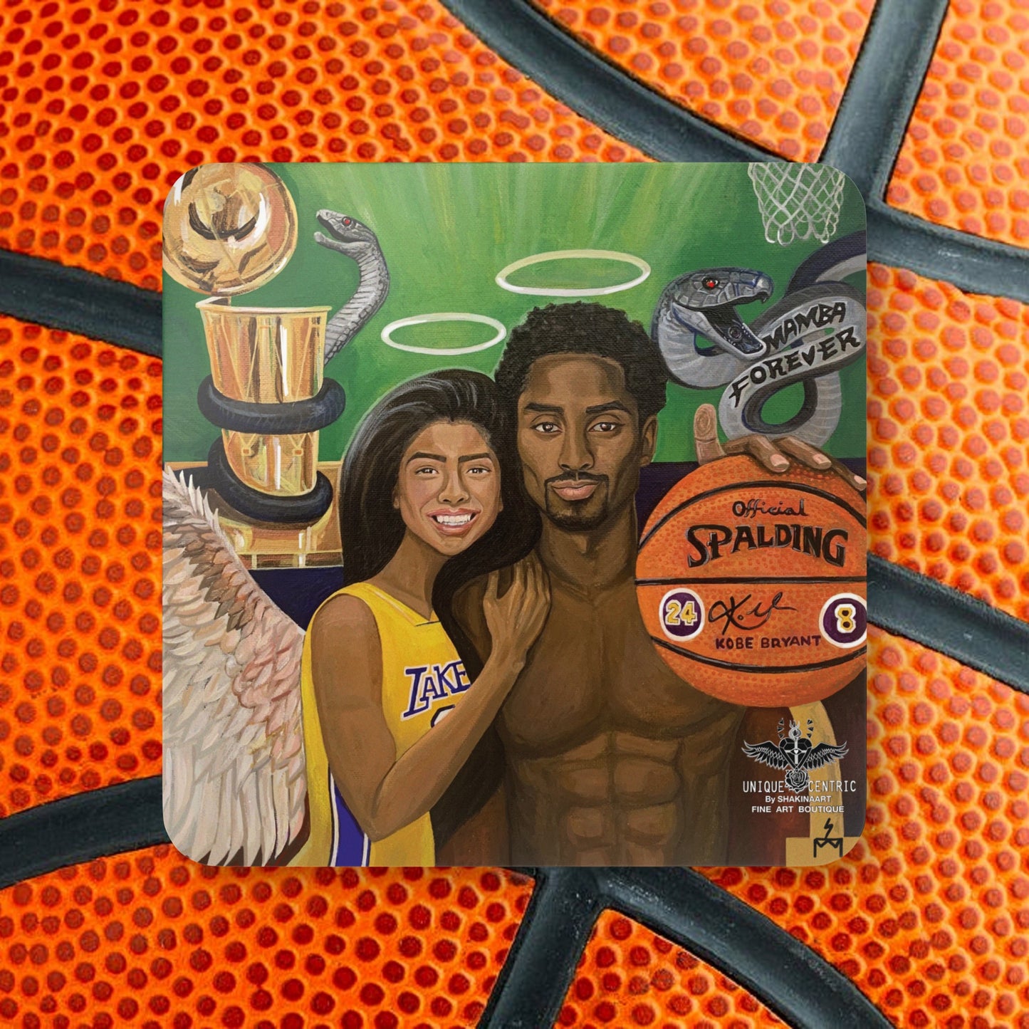 KOBE Bean BRYANT AND GIGI Onore BRYANT Basketball Lakers Legend player and DAUGHTER in painting. fine art designer Drink Coasters SHAKINAART Artwork of COUPLE MAMBA FOREVER one holding SPALDING basketball. LAKERS 8 24 CHAMPIONSHIP BLACK MAMBA  Angels halo Perfect for protecting surfaces from drink spills.