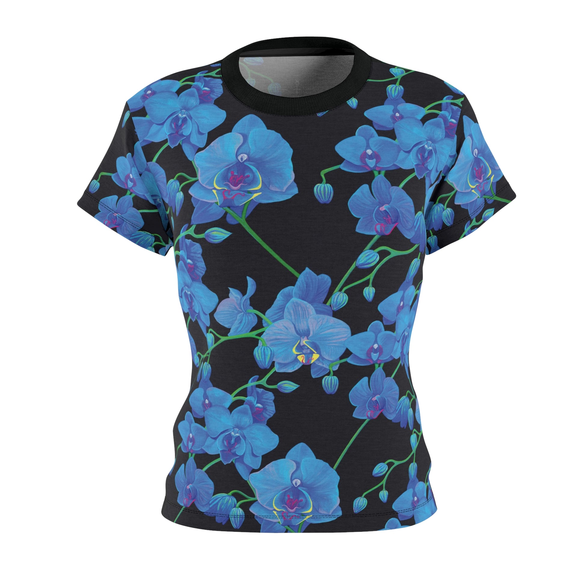 elevate your style and stand out from the crowd with unique centric fine art  boutique stunning blue orchid velvet shakinaart queen t-shirt against a sleek black background. Perfect for a trendy and sophisticated look.