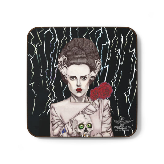 bride of frankenstein elsa lanchester halloween horror film classic monster fine art drink coaster shakinaart. A captivating painting of a woman holding a skull, surrounded by vibrant thunder lightening bolts.An intriguing artwork featuring a woman gracefully holding a skull amidst a backdrop of beautiful bolts and roses. .A mesmerizing painting showcasing a woman adorned with roses, cradling a skull, creating a thought-provoking composition Perfect for protecting surfaces from drink spills