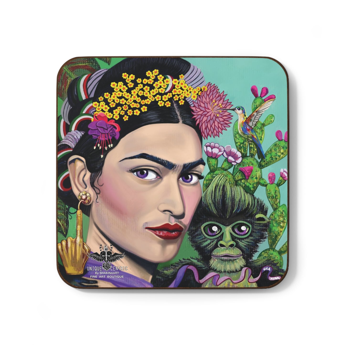 Frida Kahlo posing with her pet monkey, showcasing her unique bond with animals. shakinaart fine art drink coasters pablo picasso hand of living god earrings hummingbird flowers crown opuntia cactus Frida Kahlo with her pet monkey on her shoulder. Portrait of Mexican Frida Kahlo with her beloved monkey  diego rivera opera Perfect for protecting surfaces from drink spills.