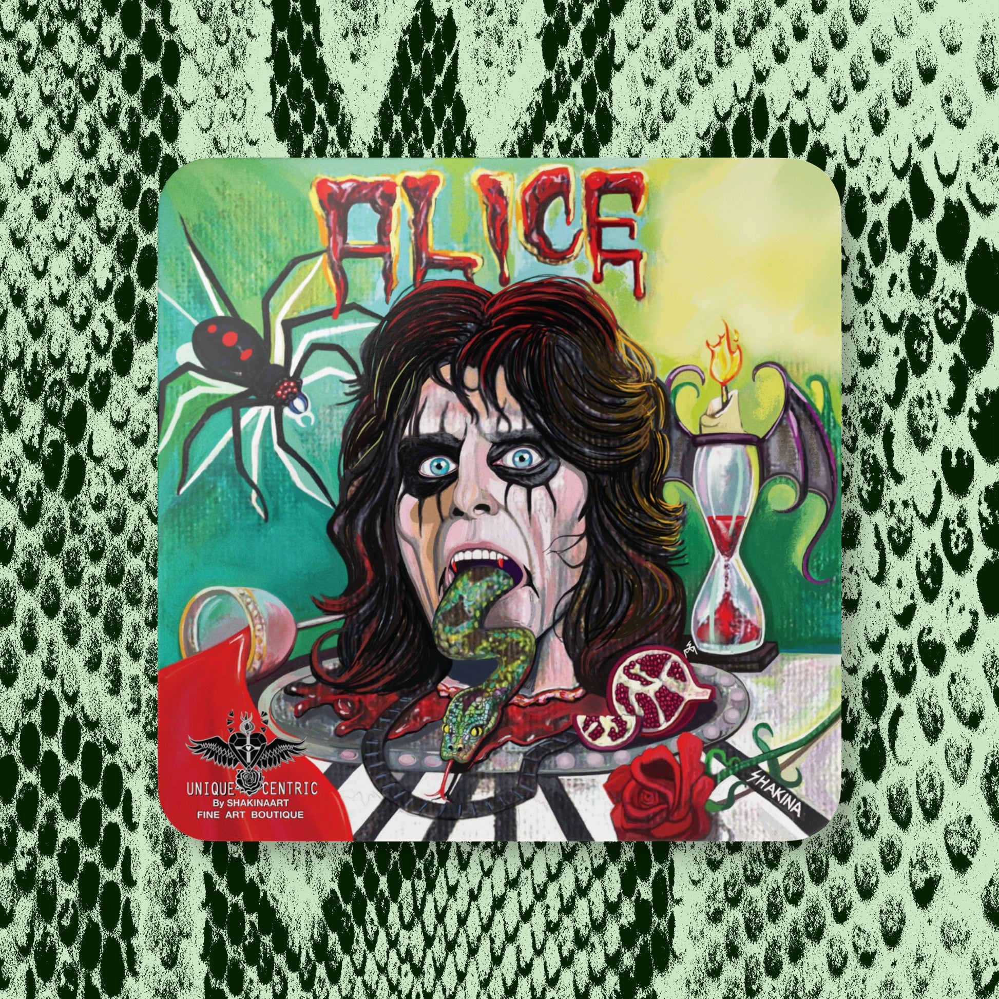shakinaart fine art hand painted Alice Cooper shock rock n roll hollywood vampires johnny depp glen sobel tommy henriksen buck johnson joe perry coasters: a set of four drink coasters featuring a colorful illustration of Alice Cooper, python snake, rose, wine, pomegranate black widow hourglass eternal flame tim burton . Perfect for music lovers parties and gatherings.Perfect for protecting surfaces from drink spills.