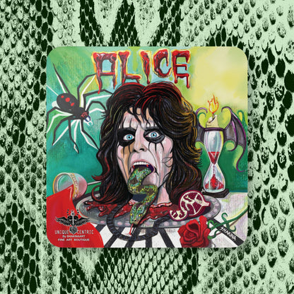 shakinaart fine art hand painted Alice Cooper shock rock n roll hollywood vampires johnny depp glen sobel tommy henriksen buck johnson joe perry coasters: a set of four drink coasters featuring a colorful illustration of Alice Cooper, python snake, rose, wine, pomegranate black widow hourglass eternal flame tim burton . Perfect for music lovers parties and gatherings.Perfect for protecting surfaces from drink spills.