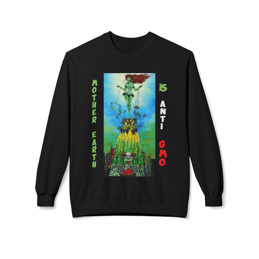 UNIQUE CENTRIC FINE Art COUTURE  MOTHER EARTH IS ANTI GMO DESIGNER SWEATSHIRT with "Mother Earth" design protesting against GMOs BY SHAKINAART UNIQUE CENTRIC FINE ART CLOTHING THE NEED TO GROW, WHAT THE HEALTH, FORKS OVER KNIVES, SUPERSIZE ME, CLEAN PLATES, KISS THE GROUND, SEEDS NOW, JOE LAMPL