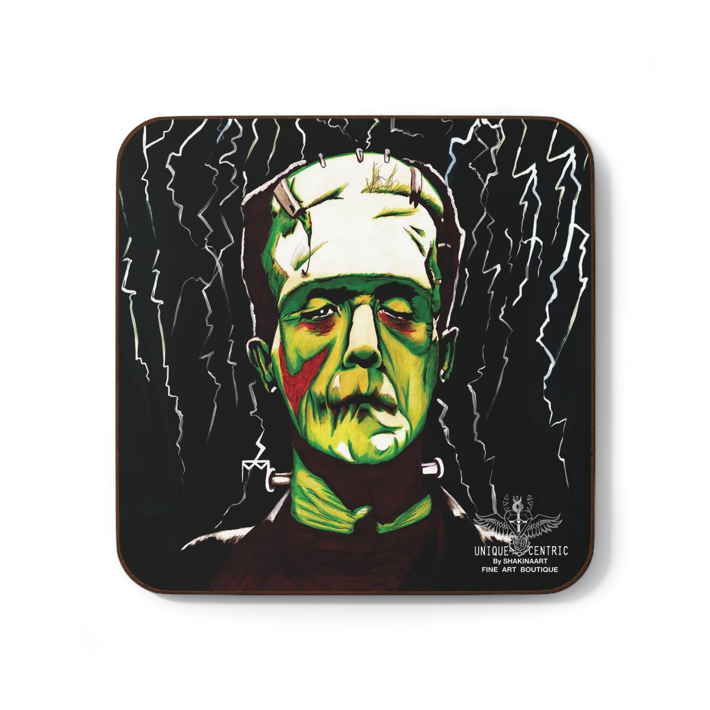 Frankenstein monster shakinaart fine art drink coasters, perfect for horror film fans and Halloween enthusiasts. Get your spooky fix with these Frankenstein monster coasters, ideal for horror-themed living spaces. Elevate your table top with these Frankenstein monster  coasters a must-have for horror universal studios aficionados Perfect for protecting surfaces from drink spills.