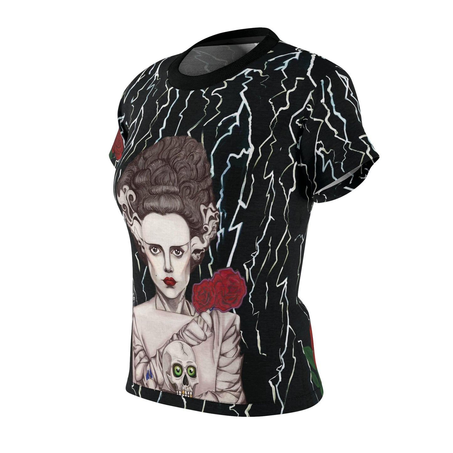 UNIQUE CENTRIC rebel bride stunning FINE ART t-shirt CREATED BY SHAKINAART.  Make a statement WITH FINE ART FASHION, WEAR THIS edgy AND ELEGANT bride OF FRANKENSTEIN ELSA LANCHESTER T shirt with skull and roses. Perfect for those who dare to defy tradition. Shop now!