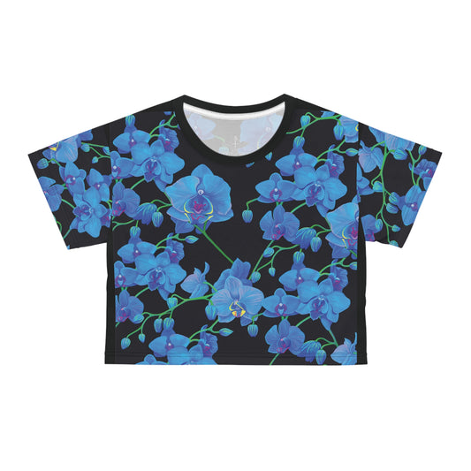 UNIQUE CENTRIC BLUE ORCHID FINE ART CROPPED QUEEN TEE