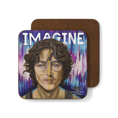 Painting of John Lennon with glasses Peace Eyes and Face and The Beatles. Imagine yoko ono shakinaart fine art drink coaster Artwork featuring John Lennon. Portrait of John Lennon wearing  harry potter glasses with Imagine  in the frequency double fantasy background Perfect for protecting surfaces from drink spills.