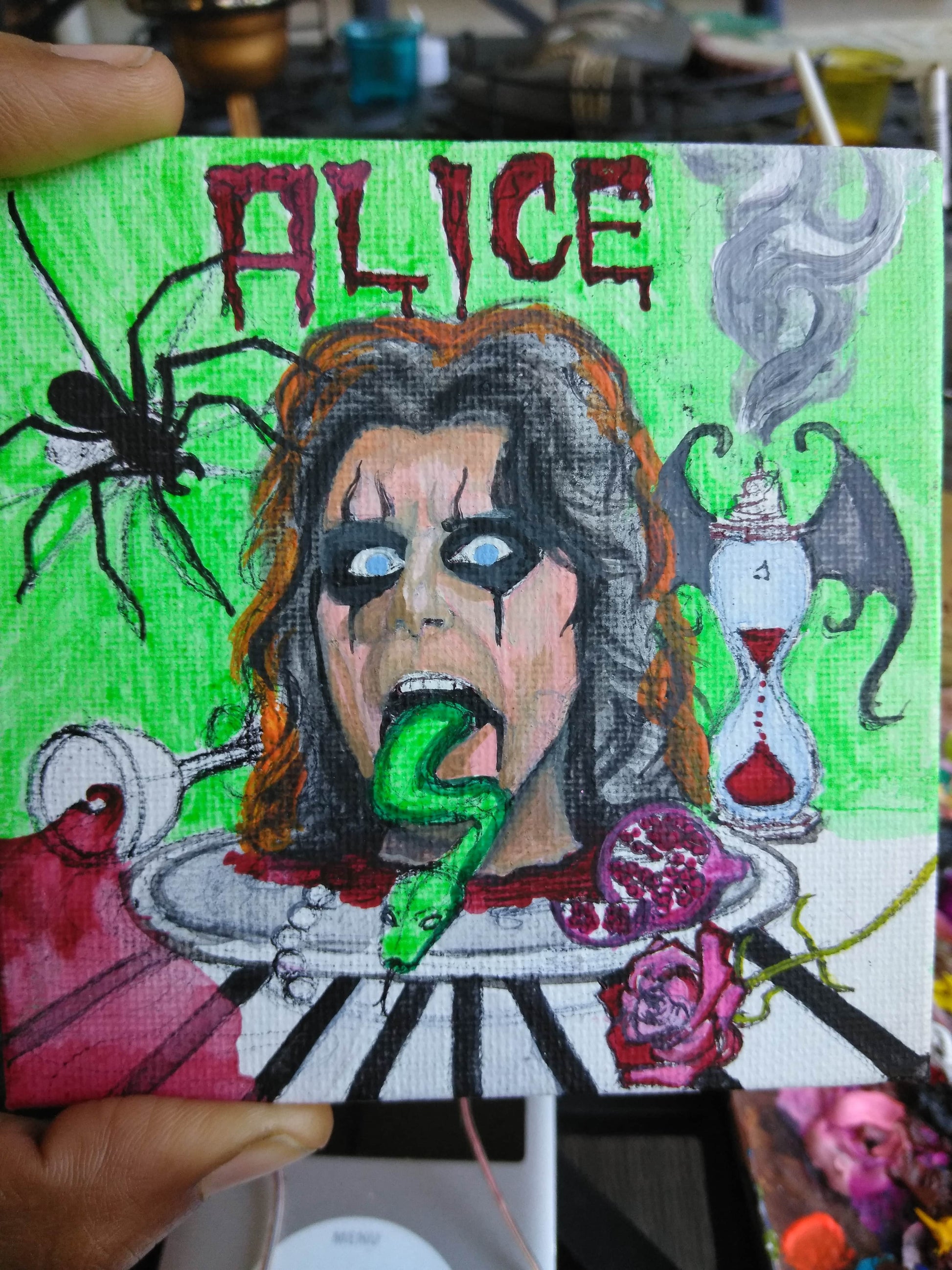 shakinaart fine art hand painted Alice Cooper shock rock n roll hollywood vampires johnny depp glen sobel tommy henriksen buck johnson joe perry coasters: a set of four drink coasters featuring a colorful illustration of Alice Cooper, python snake, rose, wine, pomegranate black widow hourglass eternal flame tim burton . Perfect for music lovers parties and gatherings.Perfect for protecting surfaces from drink spills.
