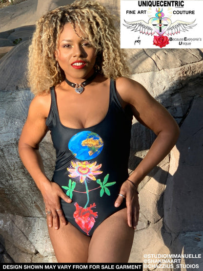 UNIQUE CENTRIC BLACK EARTH HEART ALL LIVES MATTER FINE ART QUEEN BODYSUIT - Rave Festival Earth Heart Queen Bodysuit. Dive into Summer & Capture the essence of love and adventure with this vibrant black background swimsuit featuring Earth a PASSIONFLOWER AND A heart. Embrace your unique style and Express your love for our planet while looking stylish and confident. radiate positivity & make a statement by the poolside or at the beach! Earth day 2024 by shakinaart