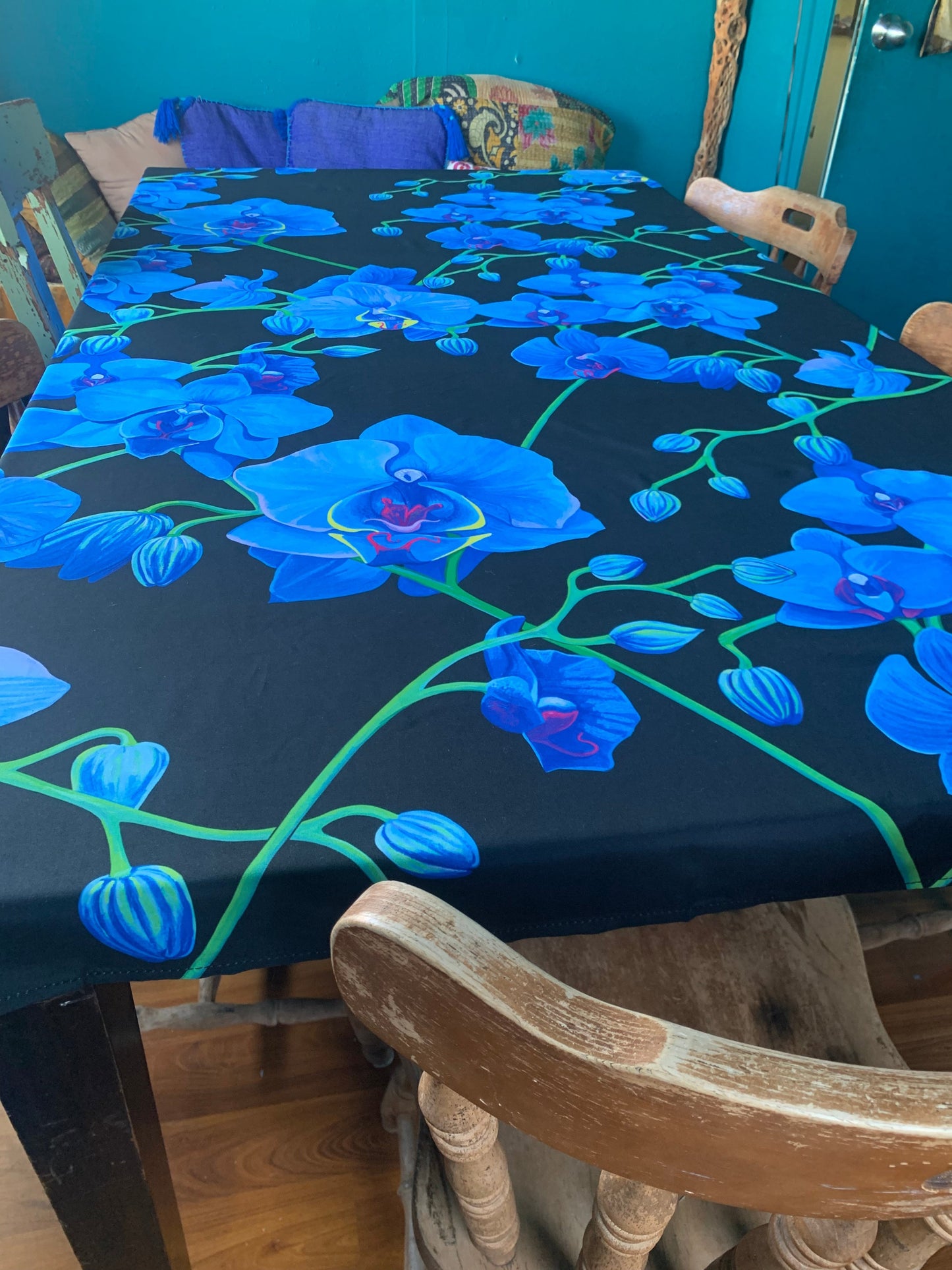 A captivating UNIQUE CENTRIC HOME DECOR blue VELVET BOTANICAL floral pattern DESIGNER CURTAIN DRAPES WALL TAPESTRY OR TABLECLOTH , adding elegance and style to any WALL & TABLE..