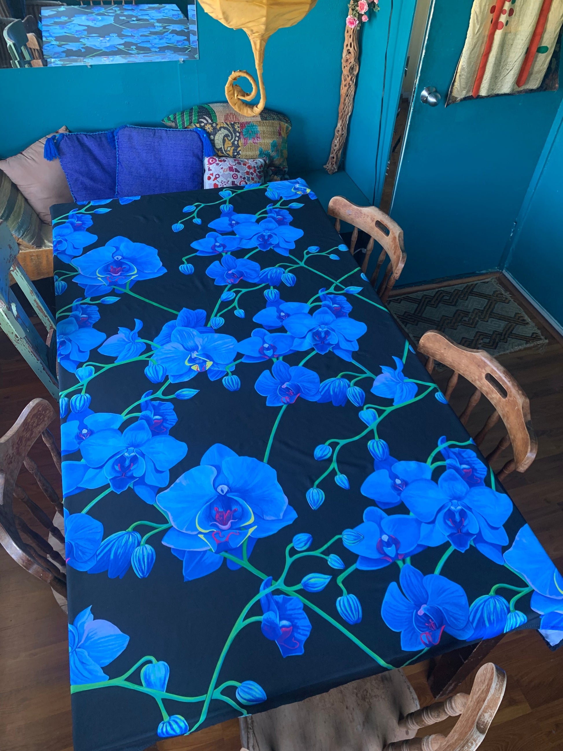 A captivating UNIQUE CENTRIC HOME DECOR blue VELVET BOTANICAL floral pattern DESIGNER CURTAIN DRAPES WALL TAPESTRY OR TABLECLOTH , adding elegance and style to any WALL & TABLE..