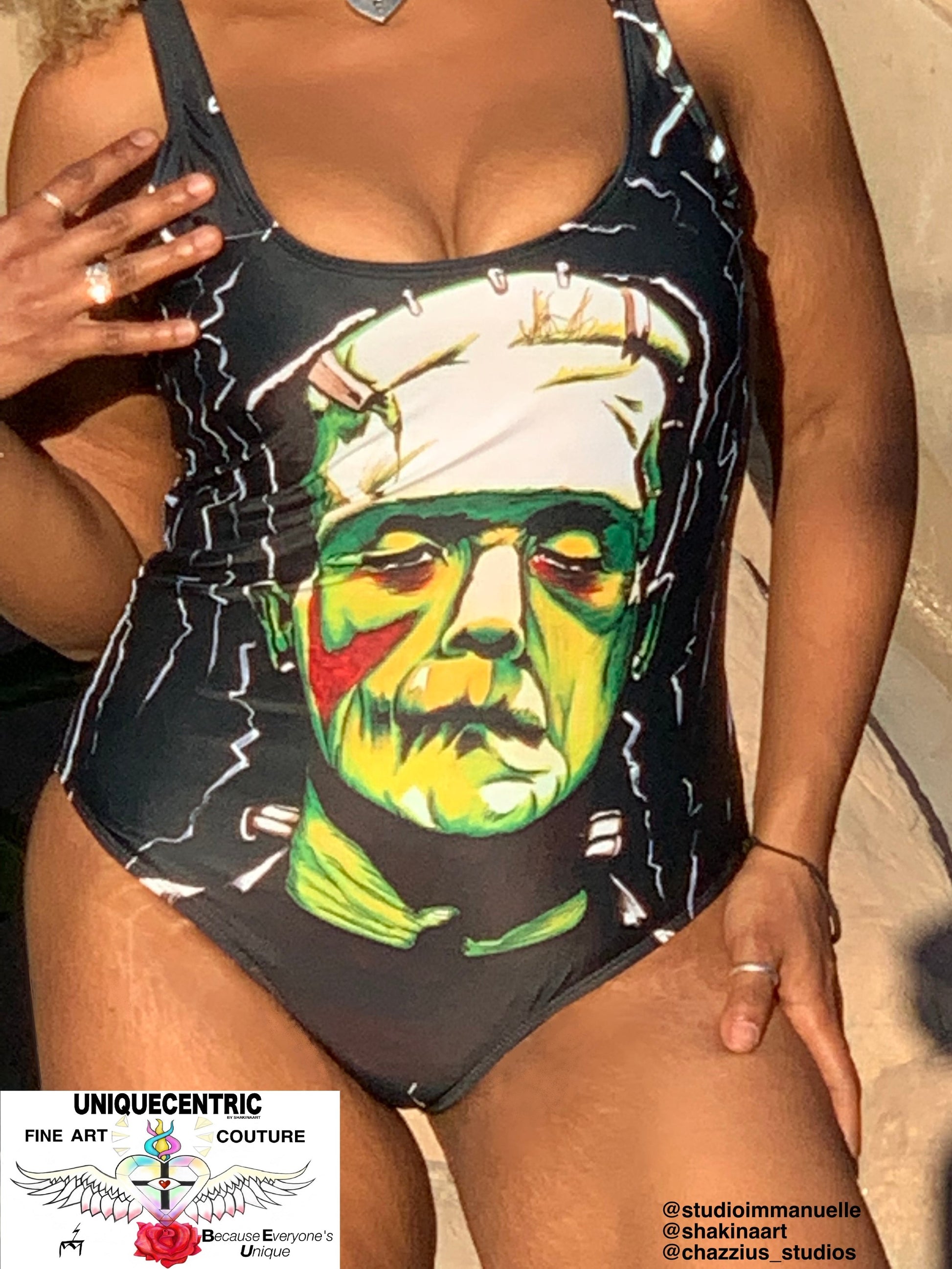 UNIQUE CENTRIC FRANKENSTEIN : IT'S ALIVE! HALLOWEEN FINE ART QUEEN BODYSUIT - shakinaart You Will Get noticed with this Frankenstein Monster bodysuit! Perfect for horror movie enthusiasts, this eye-catching design INSPIRED BY BORIS KARLOFF  is a must-have. Stand out from the crowd, and turn heads at the pool party or beach. GOTH Queens Shop now!