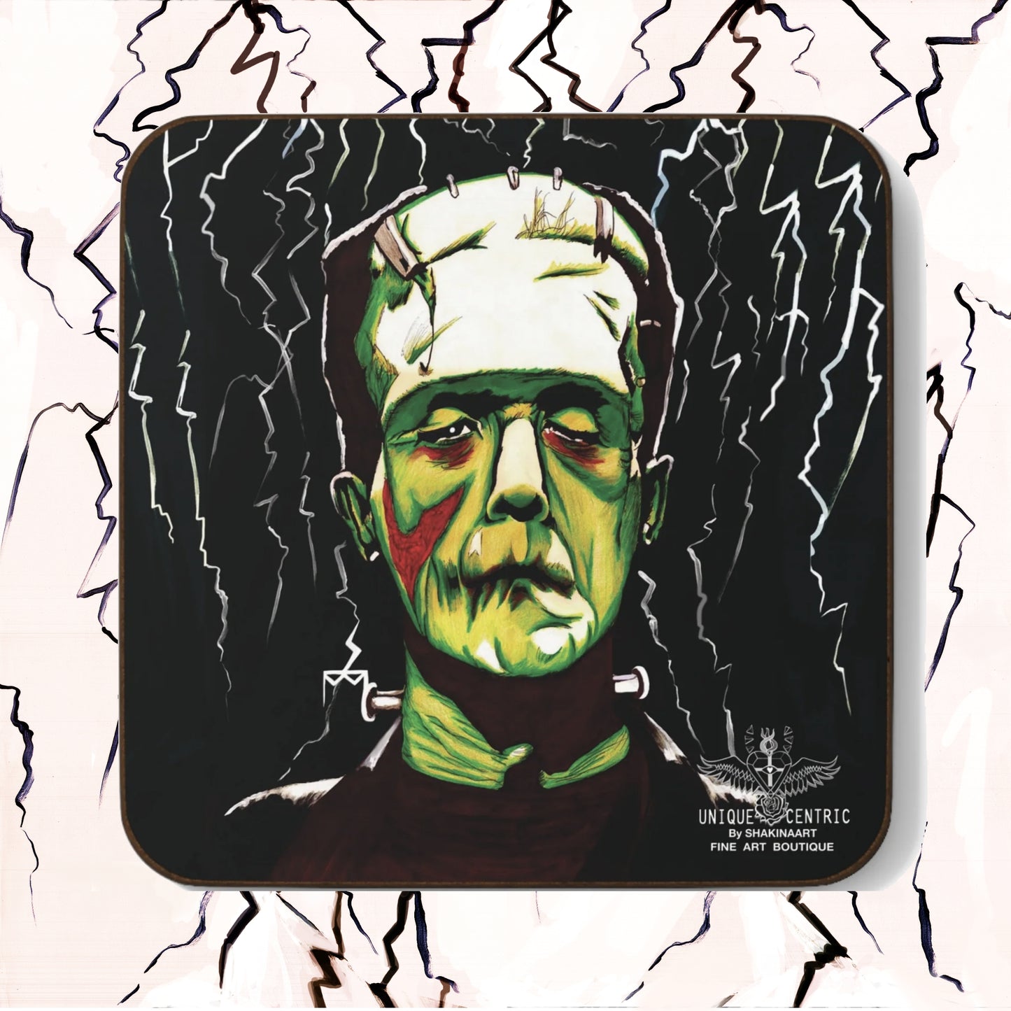 Frankenstein monster shakinaart fine art drink coasters, perfect for horror film fans and Halloween enthusiasts. Get your spooky fix with these Frankenstein monster coasters, ideal for horror-themed living spaces. Elevate your table top with these Frankenstein monster  coasters a must-have for horror universal studios aficionados Perfect for protecting surfaces from drink spills.