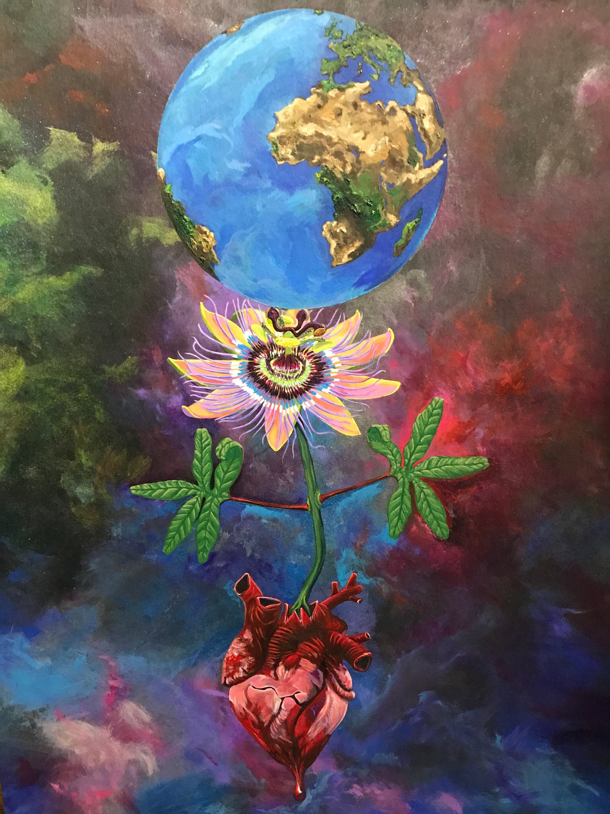 UNIQUE CENTRIC FINE ART COUTURE EARTH DAY EARTH HEART  by SHAKINAART vibrant KING t-shirt with an abstract RAINBOW GALAXY  BACKGROUND WITH heart, PASSION FLOWER AND earth painting. ALL LIVES MATTER 