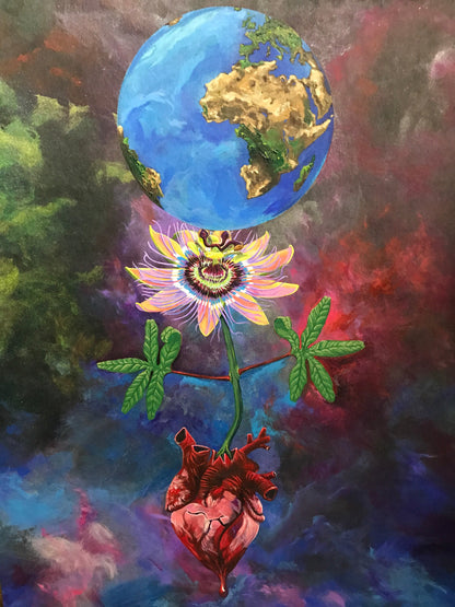 UNIQUE CENTRIC FINE ART COUTURE EARTH DAY EARTH HEART  by SHAKINAART vibrant KING t-shirt with an abstract RAINBOW GALAXY  BACKGROUND WITH heart, PASSION FLOWER AND earth painting. ALL LIVES MATTER 