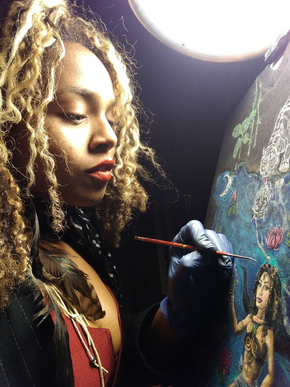 UNIQUE CENTRIC JACOB'S LADDER : BEAUTY & THE BEAST FINE ART SPLIT TIE DRESS - showcase your hourglass figure & Unleash your adventurous sexy and elegant side with this daring chic stylish fashion dress by unique centric fine art couture featuring a woman goddess confidently and fearlessly riding a crocodile alligator in the water, a master painting now available to wear by shakinaart