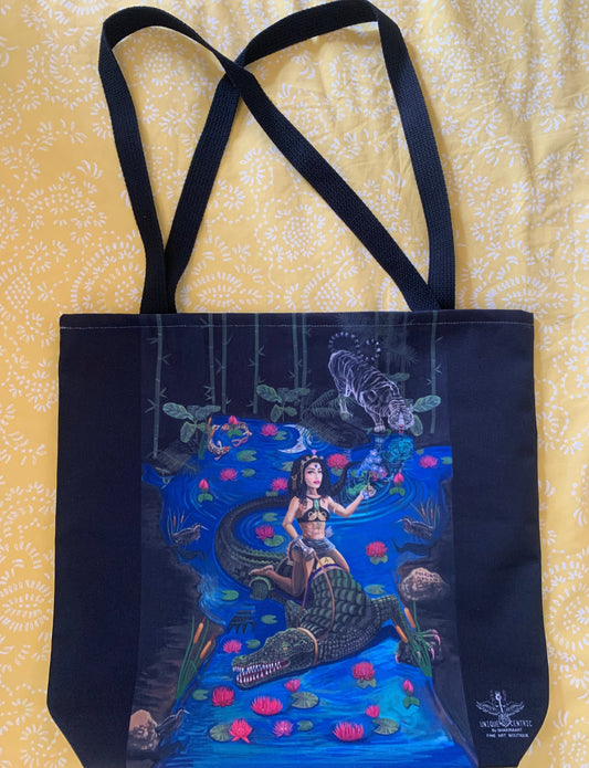 UNIQUE CENTRIC FINE ART DESIGNER REUSABLE FATASY GODDESS QUEEN  RIDING DRAGON CROCODILE IN THE JUNGLE WHITE TIGER LILY PETER PAN NEVERLAND DISNEYLAND PRINCESS SHOPPING GROCERY BAG