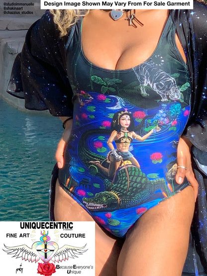 UNIQUE CENTRIC JACOB'S LADDER : BEAUTY & THE BEAST FINE ART QUEEN BODYSUIT -  BEAUTY CONQUERS THE BEAST BY SHAKINAART. Experience the perfect blend of daring and style with this captivating QUEEN BODYSUIT, Featuring a woman riding a crocodile, it's a symbol of fearlessness and individuality. Embrace your inner adventurer!