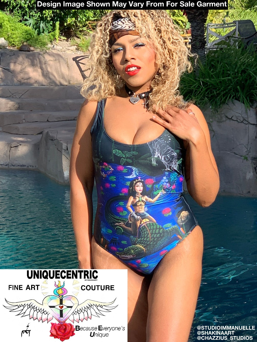 UNIQUE CENTRIC JACOB'S LADDER : BEAUTY & THE BEAST FINE ART QUEEN BODYSUIT -  BEAUTY CONQUERS THE BEAST BY SHAKINAART. Experience the perfect blend of daring and style with this captivating QUEEN BODYSUIT, Featuring a woman riding a crocodile, it's a symbol of fearlessness and individuality. Embrace your inner adventurer!