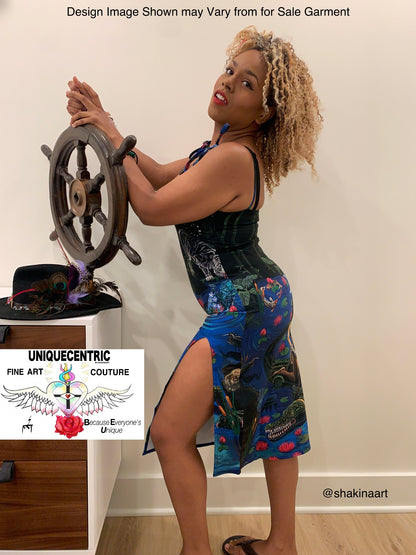 UNIQUE CENTRIC JACOB'S LADDER : BEAUTY & THE BEAST FINE ART SPLIT TIE DRESS - showcase your hourglass figure & Unleash your adventurous sexy and elegant side with this daring chic stylish fashion dress by unique centric fine art couture featuring a woman goddess confidently and fearlessly riding a crocodile alligator in the water, a master painting now available to wear by shakinaart