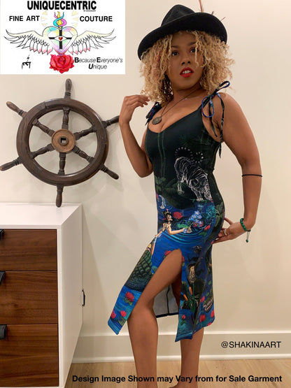 UNIQUE CENTRIC JACOB'S LADDER : BEAUTY & THE BEAST FINE ART SPLIT TIE DRESS - showcase your hourglass figure & Unleash your adventurous sexy and elegant side with this daring chic stylish fashion dress by unique centric fine art couture featuring a woman goddess confidently and fearlessly riding a crocodile alligator in the water, a master painting now available to wear by shakinaart