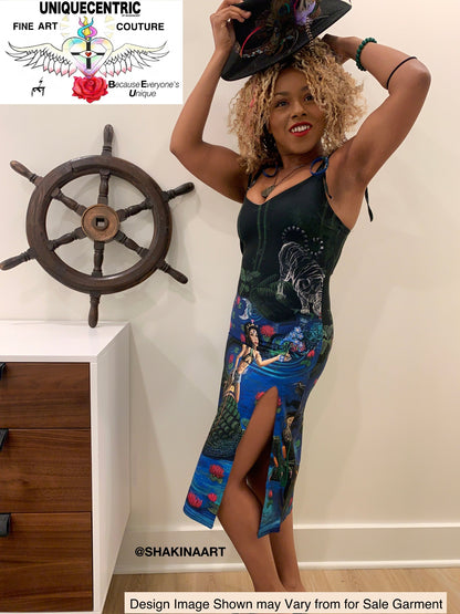 UNIQUE CENTRIC JACOB'S LADDER : BEAUTY & THE BEAST FINE ART SPLIT TIE DRESS - showcase your hourglass figure & Unleash your adventurous sexy and elegant side with this daring chic stylish fashion dress by unique centric fine art couture featuring a woman goddess confidently and fearlessly riding a crocodile alligator in the water, a master painting now available to wear by shakinaart