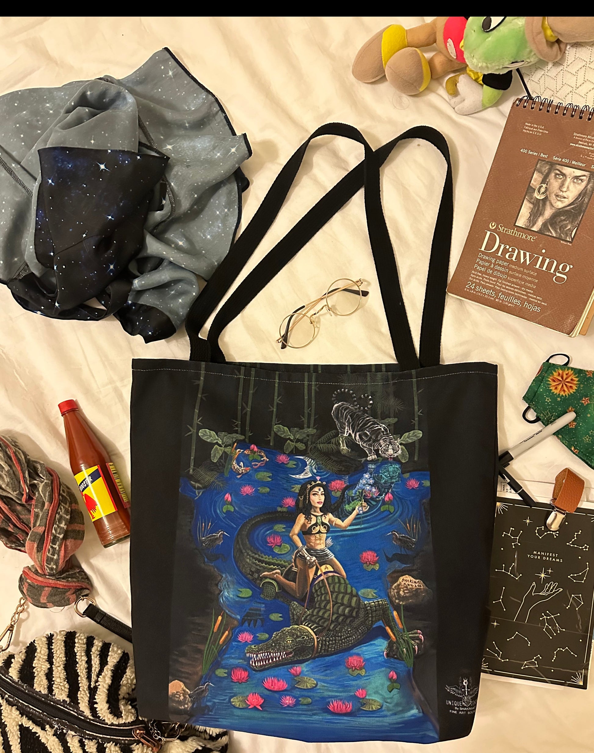 UNIQUE CENTRIC FINE ART DESIGNER REUSABLE FATASY GODDESS QUEEN  RIDING DRAGON CROCODILE IN THE JUNGLE WHITE TIGER LILY PETER PAN NEVERLAND DISNEYLAND PRINCESS SHOPPING GROCERY BAG