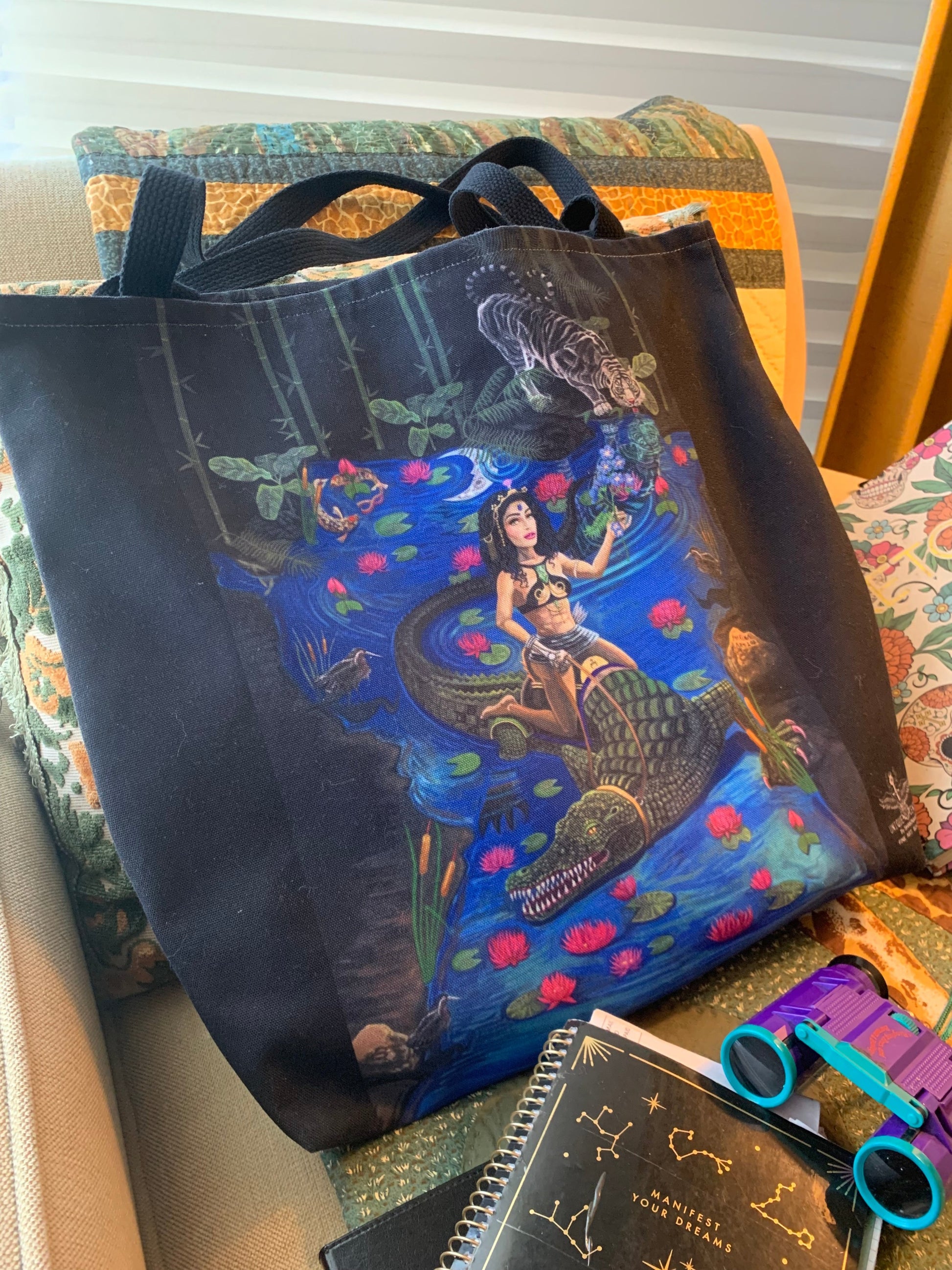 UNIQUE CENTRIC FINE ART DESIGNER REUSABLE FATASY GODDESS QUEEN  RIDING DRAGON CROCODILE IN THE JUNGLE WHITE TIGER LILY PETER PAN NEVERLAND DISNEYLAND PRINCESS SHOPPING GROCERY BAG