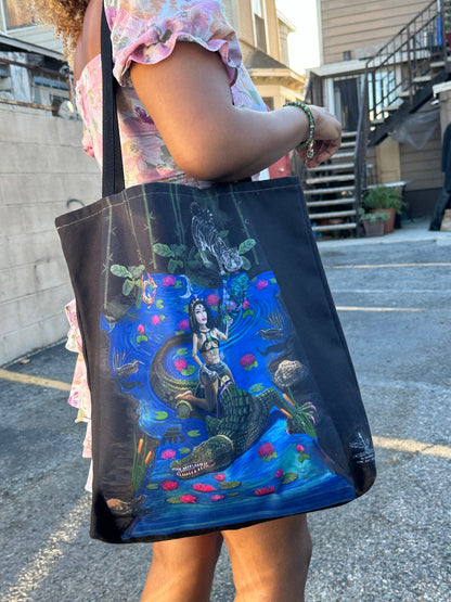 UNIQUE CENTRIC FINE ART DESIGNER REUSABLE FATASY GODDESS QUEEN  RIDING DRAGON CROCODILE IN THE JUNGLE WHITE TIGER LILY PETER PAN NEVERLAND DISNEYLAND PRINCESS SHOPPING GROCERY BAG