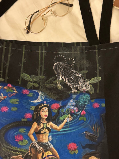 UNIQUE CENTRIC FINE ART DESIGNER REUSABLE FATASY GODDESS QUEEN  RIDING DRAGON CROCODILE IN THE JUNGLE WHITE TIGER LILY PETER PAN NEVERLAND DISNEYLAND PRINCESS SHOPPING GROCERY BAG