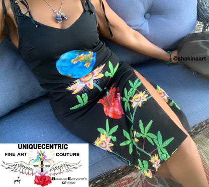 UNIQUE CENTRIC BLACK EARTH HEART ALL LIVES MATTER FINE ART SEXY SPLIT THIGH TIE DRESS - BY SHAKINAART A stylish black dress adorned with beautiful PASSION flowers, PLANET EARTH and a heart design, perfect for any occasion. SHOP GET YOURS NOW! 